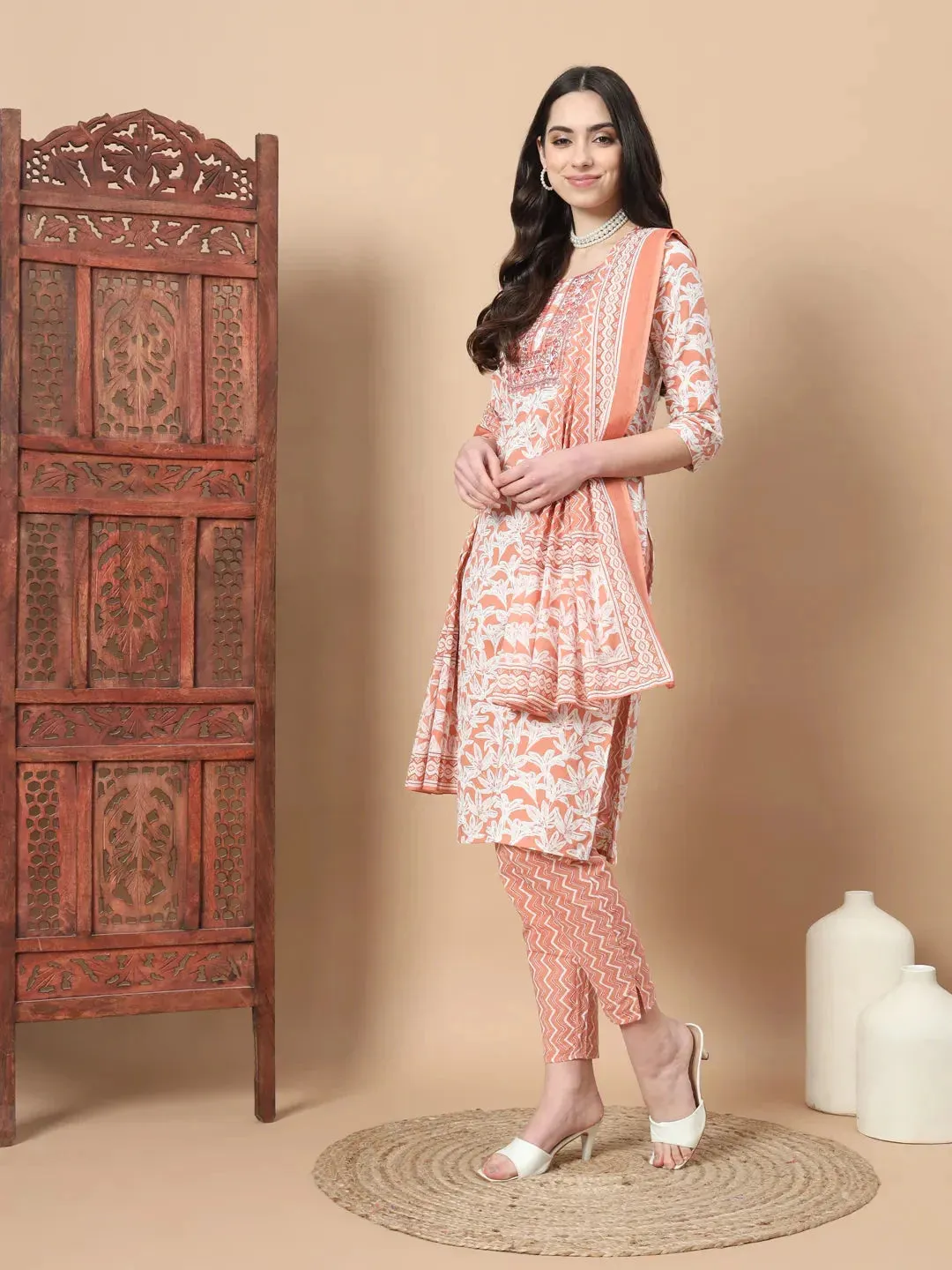 Orange Floral,Sequins_Work Straight Kurta Trouser And Dupatta Set