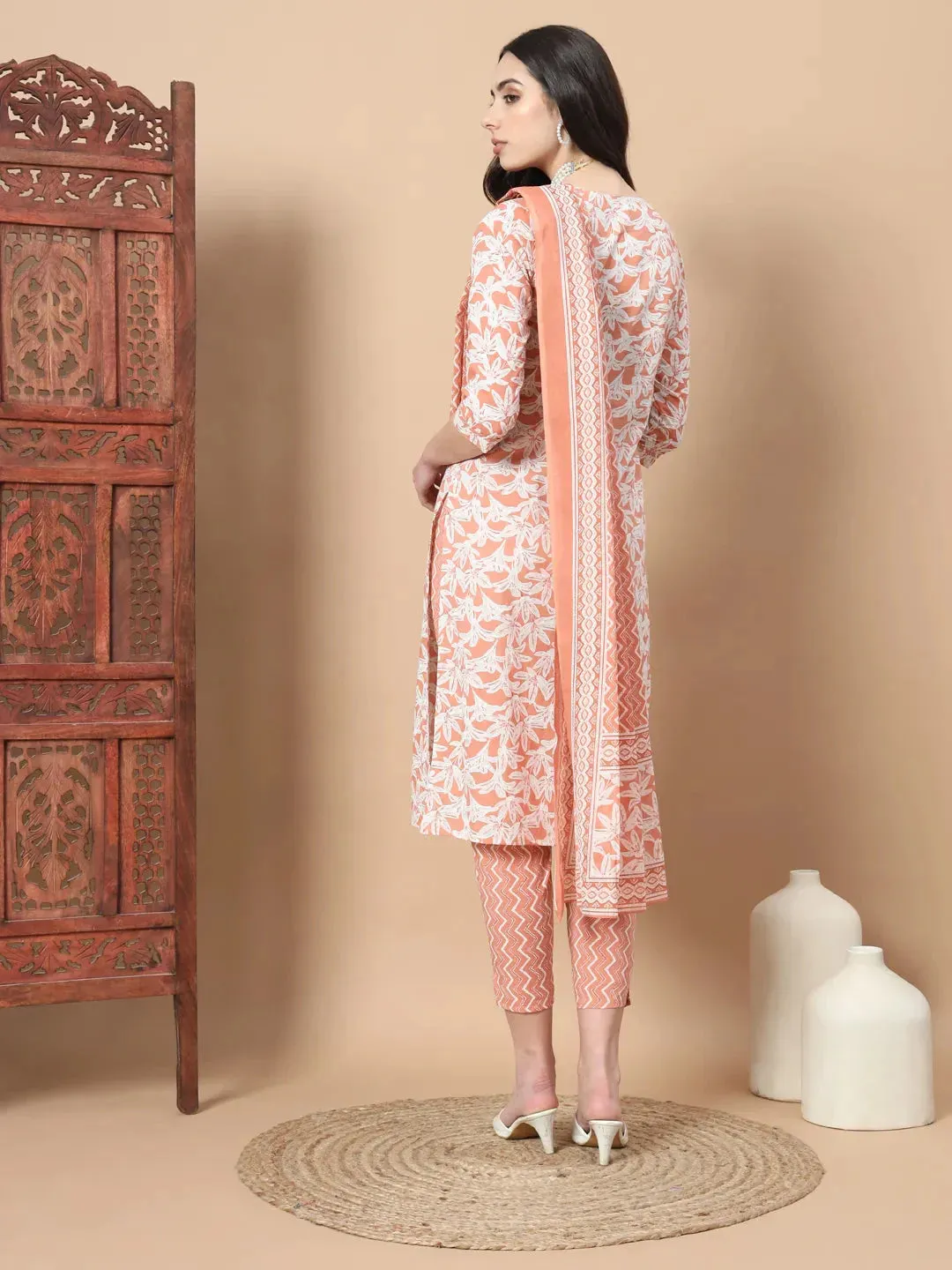 Orange Floral,Sequins_Work Straight Kurta Trouser And Dupatta Set