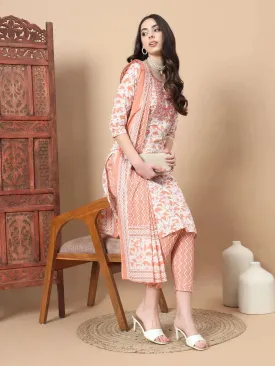 Orange Floral,Sequins_Work Straight Kurta Trouser And Dupatta Set