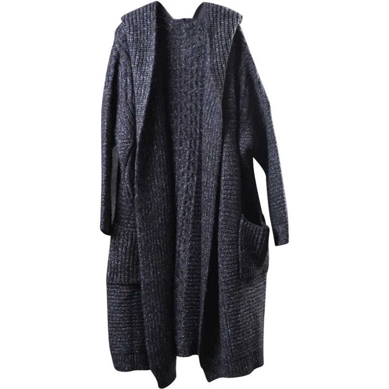 Organic Dark Gray Knit Hooded Pockets Fall Cardigan Long Sleeve