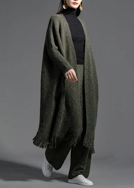 Oversized Green Tasseled Knit Loose Cardigan Spring