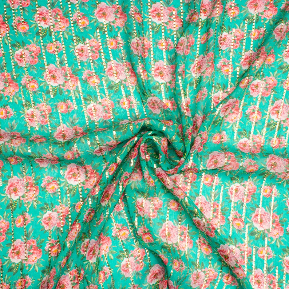 Pink Floral Printed Deep Mint Green Metallic Silk Georgette