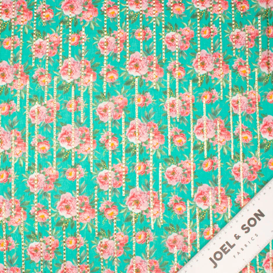 Pink Floral Printed Deep Mint Green Metallic Silk Georgette