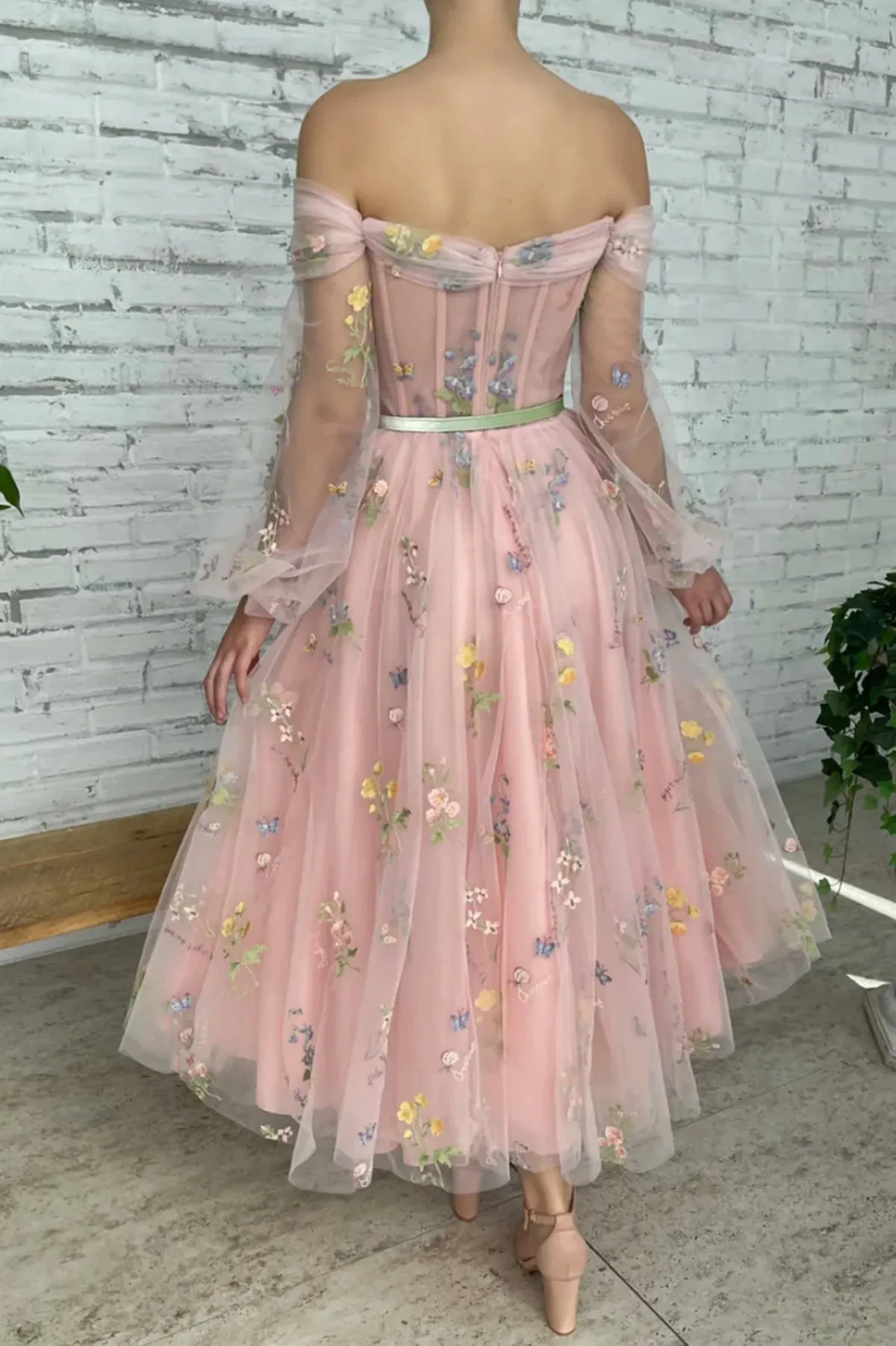 Pink Long Sleeves Off the Shoulder Prom Dresses with Appliques, Pink Floral Formal Graduation Evening Dresses WT1265