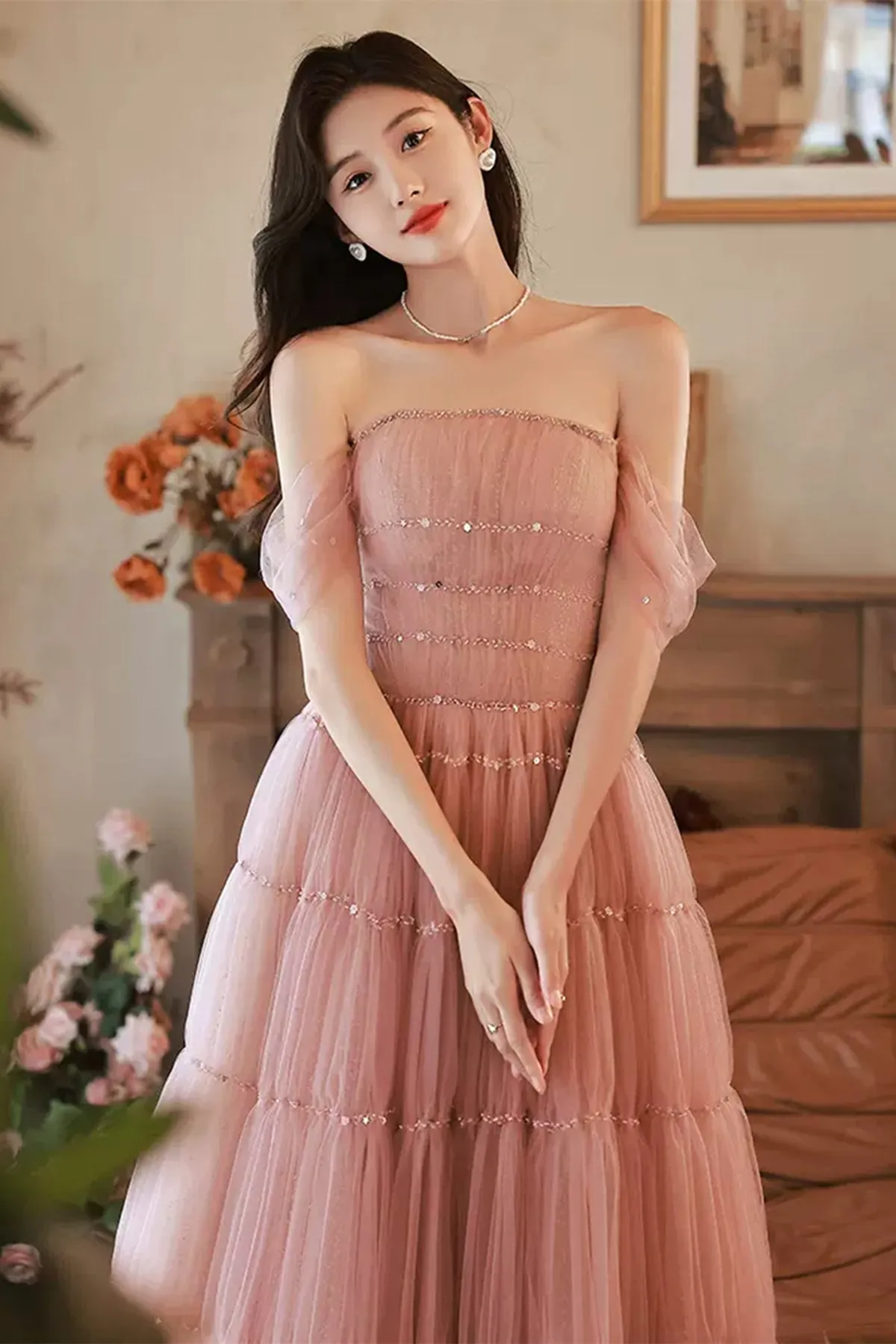 Pink Tulle Off Shoulder Beaded Long Prom Dresses, Off the Shoulder Pink Formal Graduation Evening Dresses WT1191