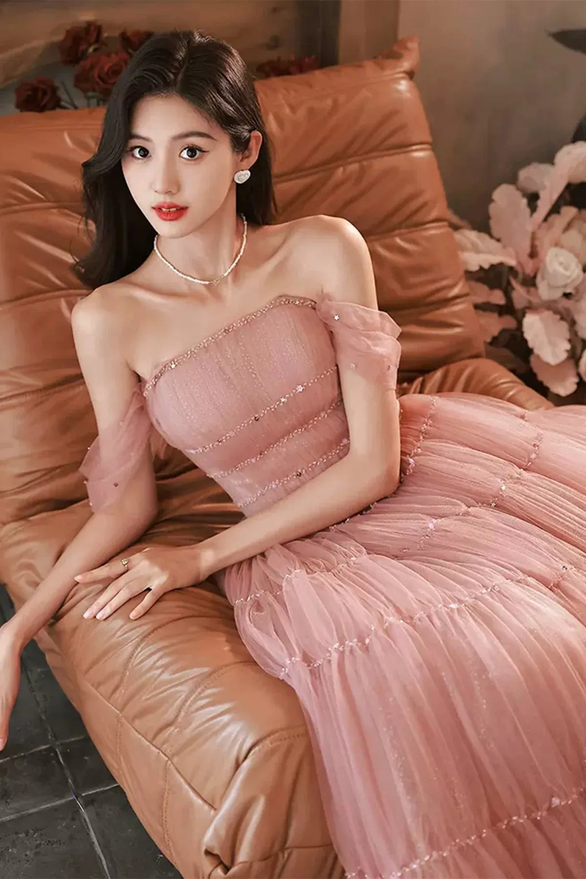 Pink Tulle Off Shoulder Beaded Long Prom Dresses, Off the Shoulder Pink Formal Graduation Evening Dresses WT1191