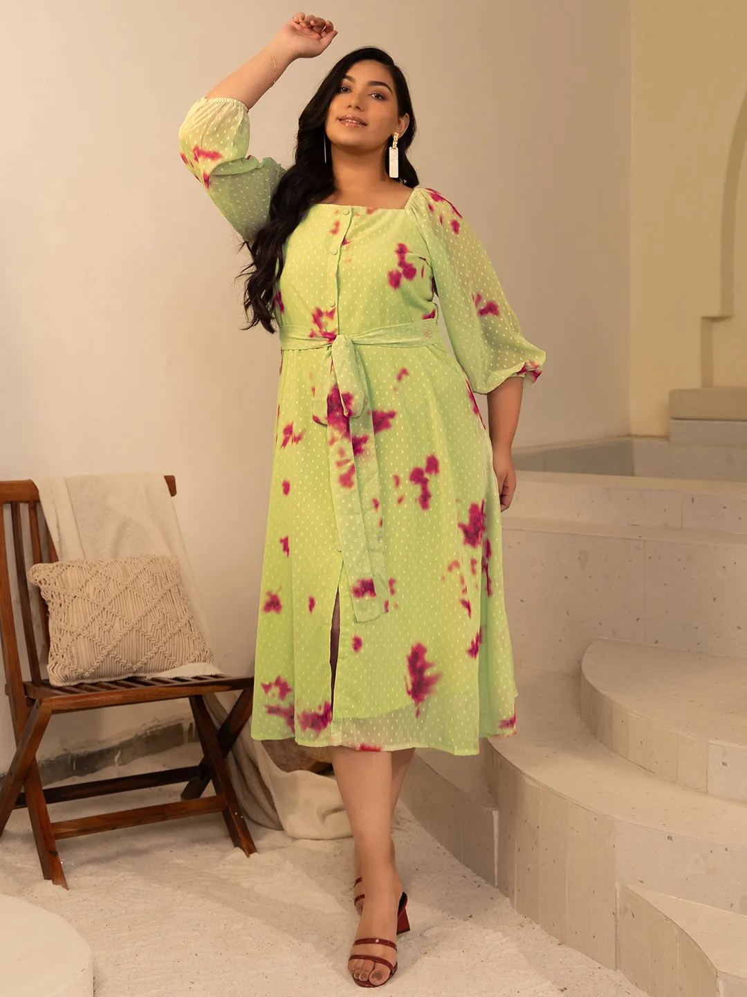 Plus Size Light Green Dobby Georgette Tie & Dye A-Line Dress