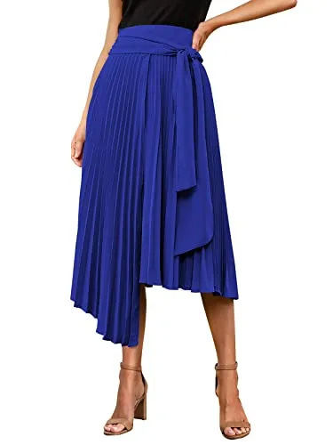 PRETTYGARDEN Women's High Waisted Midi Skirts Tie Front Ruffle Flowy Long Asymmetrical Pleated Summer Skirt Dress (Solid Blue,XX-Large)