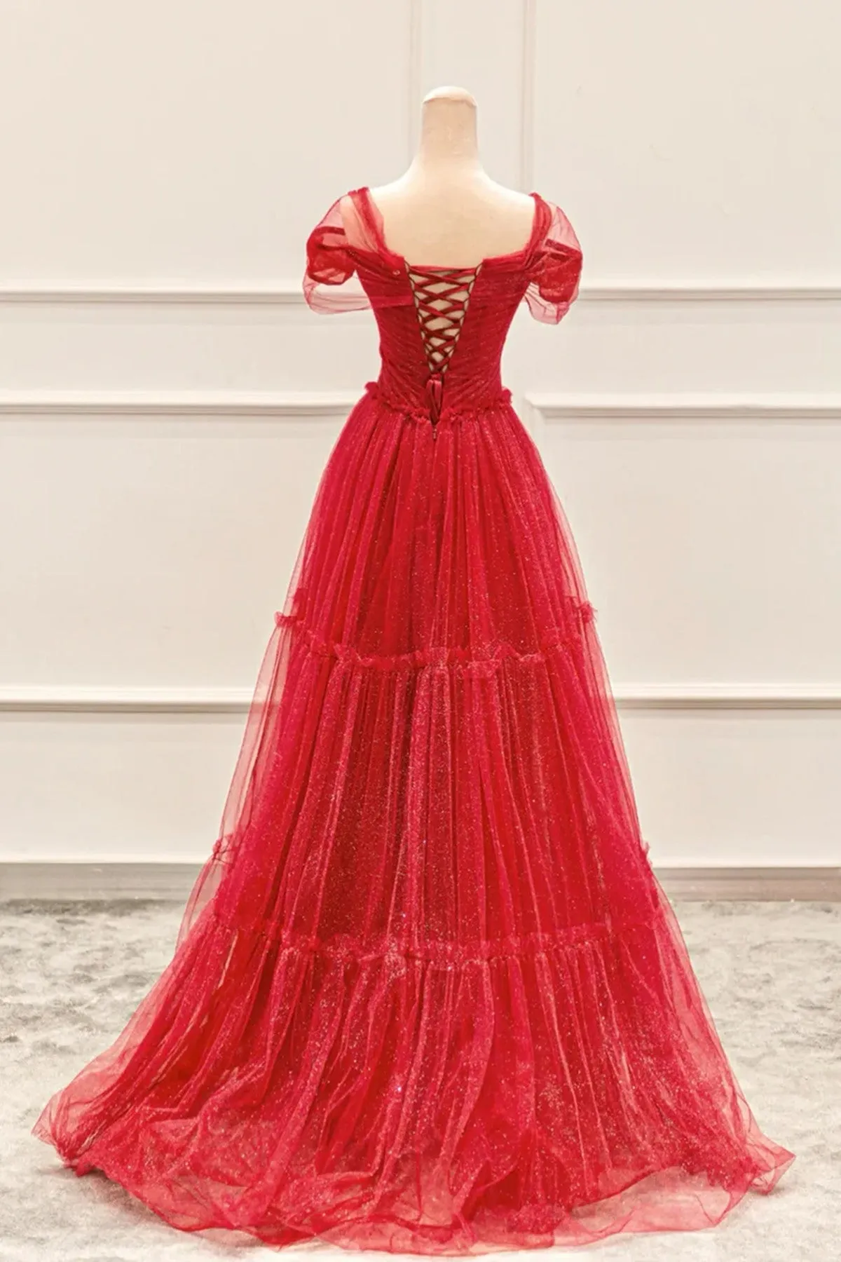 Red A-line Tulle Layers Off Shoulder Prom Dress, Red Shiny Tulle Party Dress