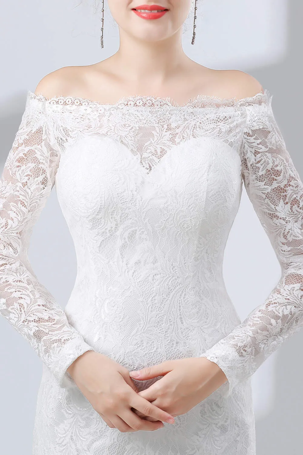 Sheath White Lace Off The Shoulder Long Sleeve Prom Dresses