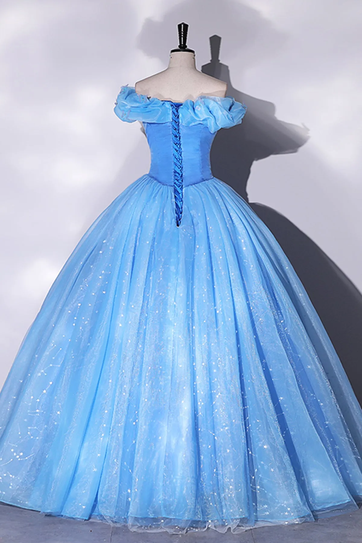 Shiny Off Shoulder Blue Tulle Long Prom Dresses, Off the Shoulder Formal Evening Dresses, Ball Gown WT1196