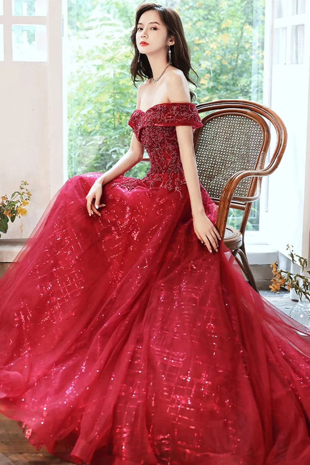 Shiny Off Shoulder Burgundy Beaded Long Prom Dresses, Off the Shoulder Burgundy Formal Evening Dresses