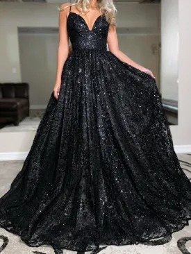 Shiny V Neck Open Back Black Long Prom, Backless Black Formal, Sparkly Black Evening