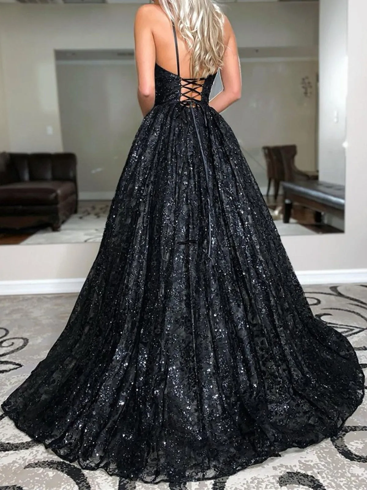 Shiny V Neck Open Back Black Long Prom, Backless Black Formal, Sparkly Black Evening