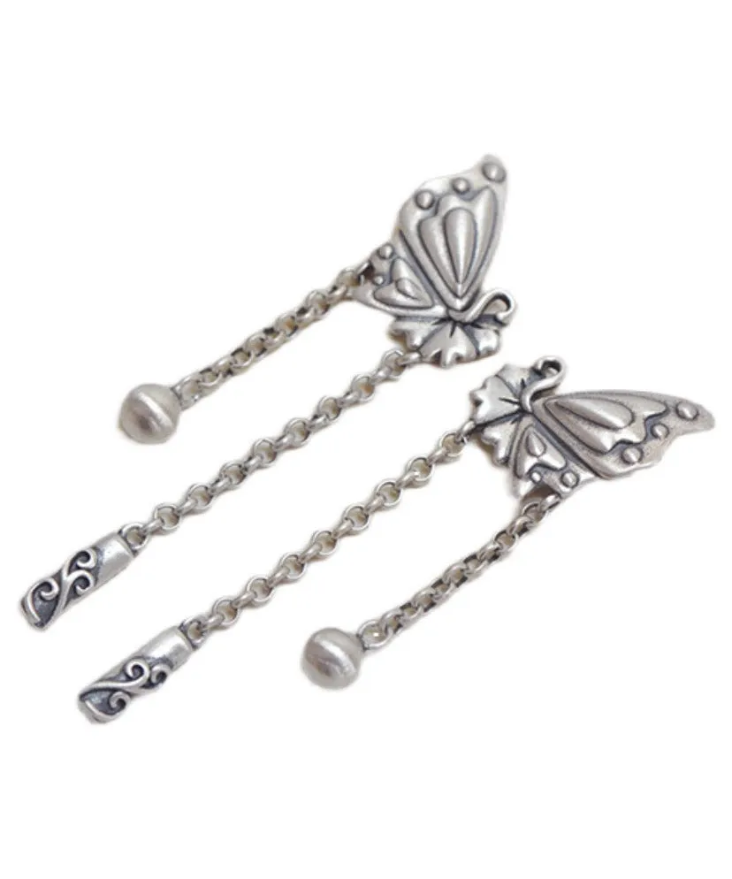 Simple Silk Sterling Silver Butterfly Tassel Xiangyun Drop Earrings