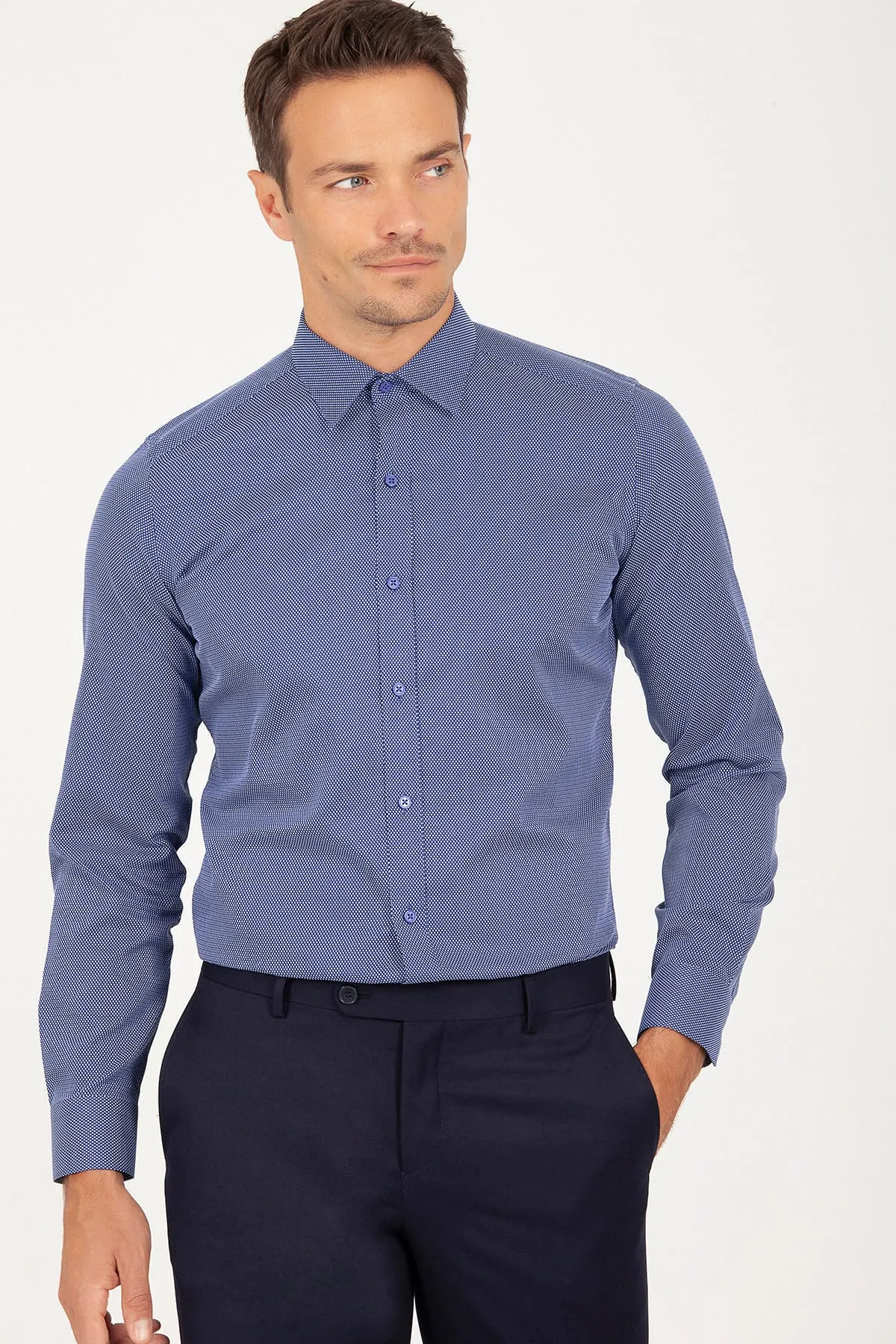 Slim Fit Long Sleeve Cotton Navy Dress Shirt