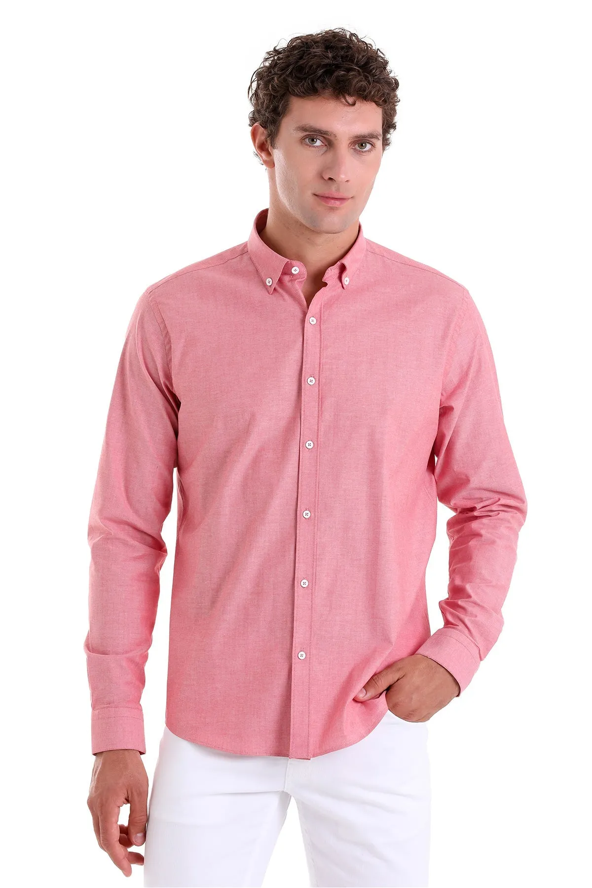 Slim Fit Long Sleeve Cotton Red Dress Shirt