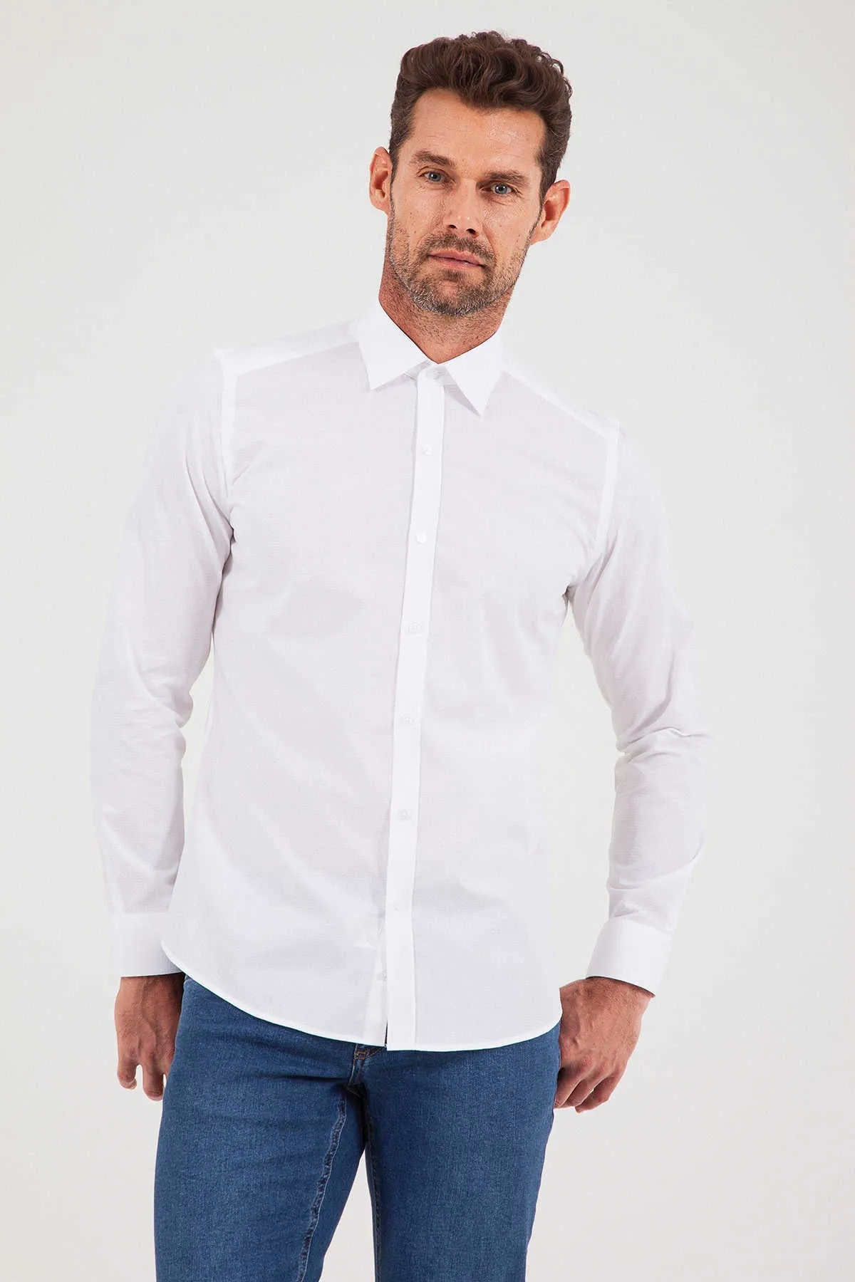 Slim Fit Long Sleeve Patterned Cotton Dress Shirt, White D.