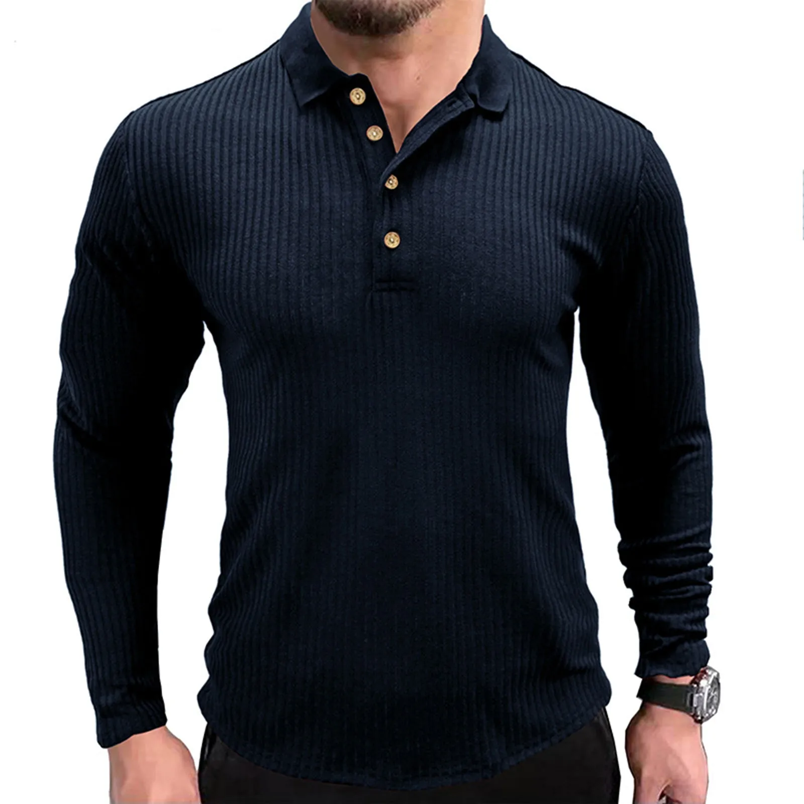 SOLID COLOR RIBBED LONG SLEEVE POLO SHIRT