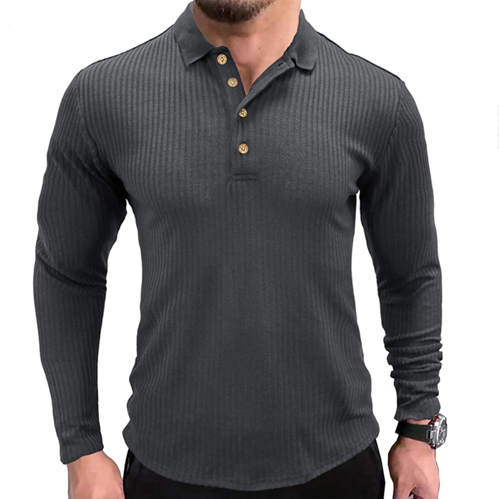 SOLID COLOR RIBBED LONG SLEEVE POLO SHIRT