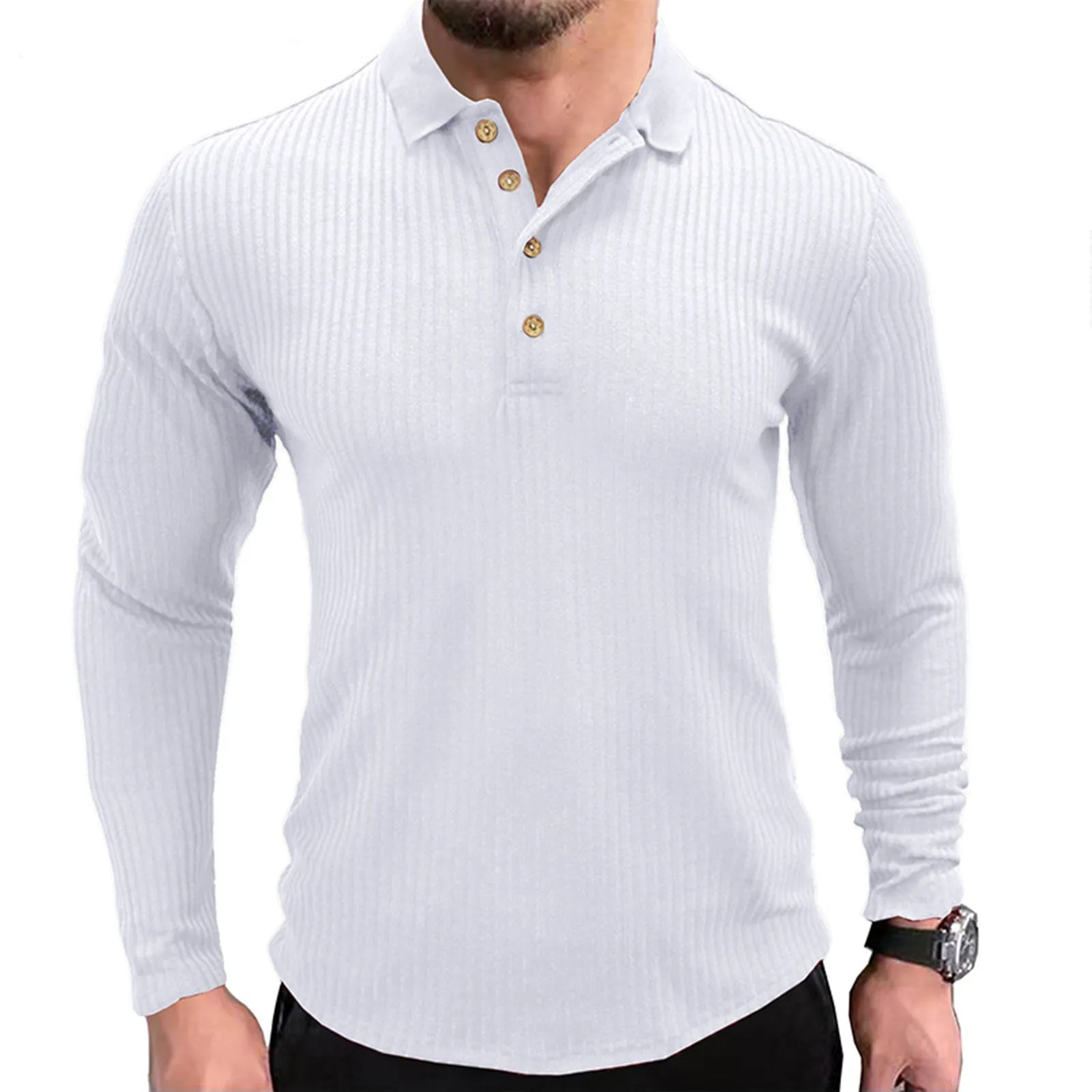 SOLID COLOR RIBBED LONG SLEEVE POLO SHIRT