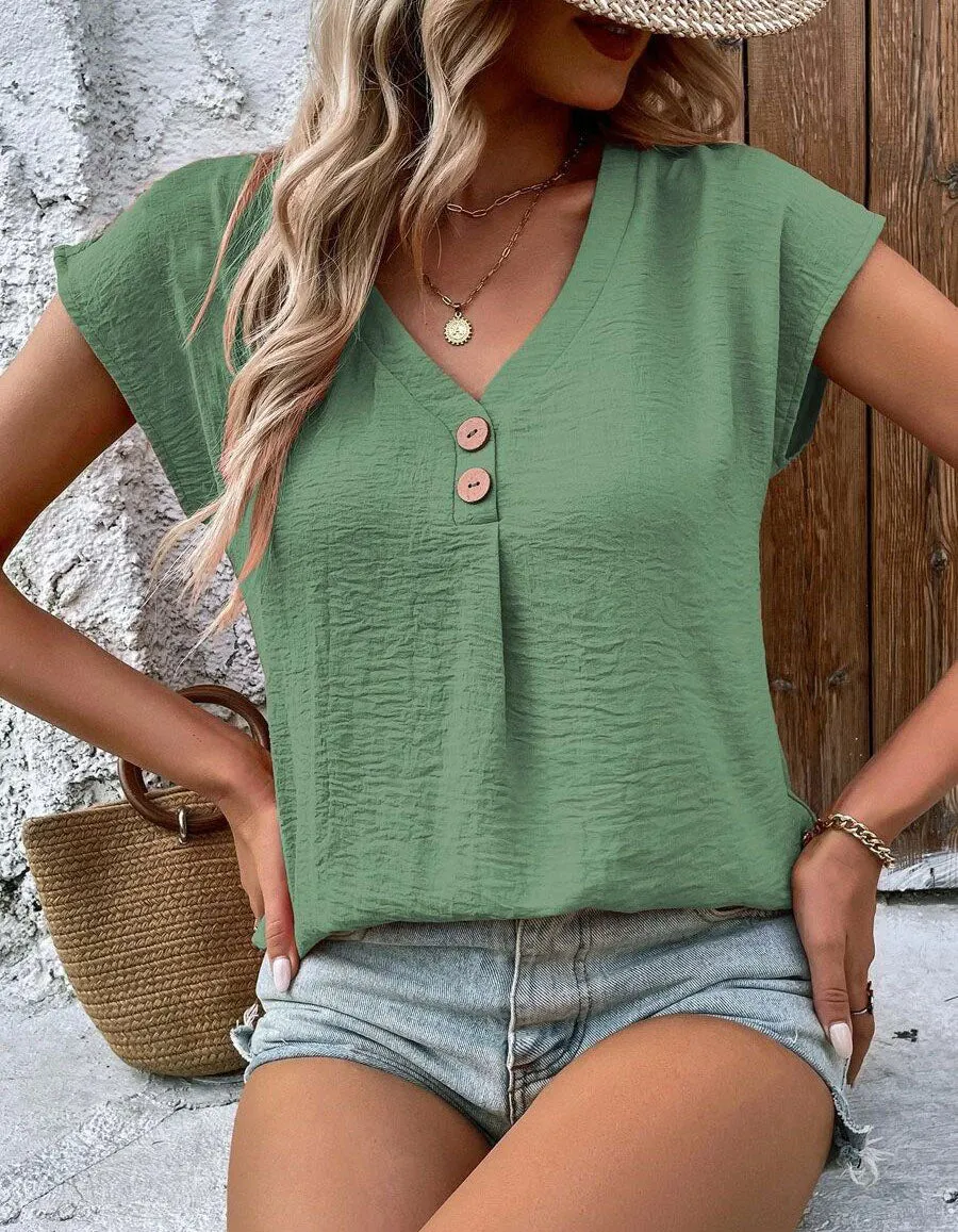 Solid-color solid color Button Front V Neck Short Sleeve Shirt