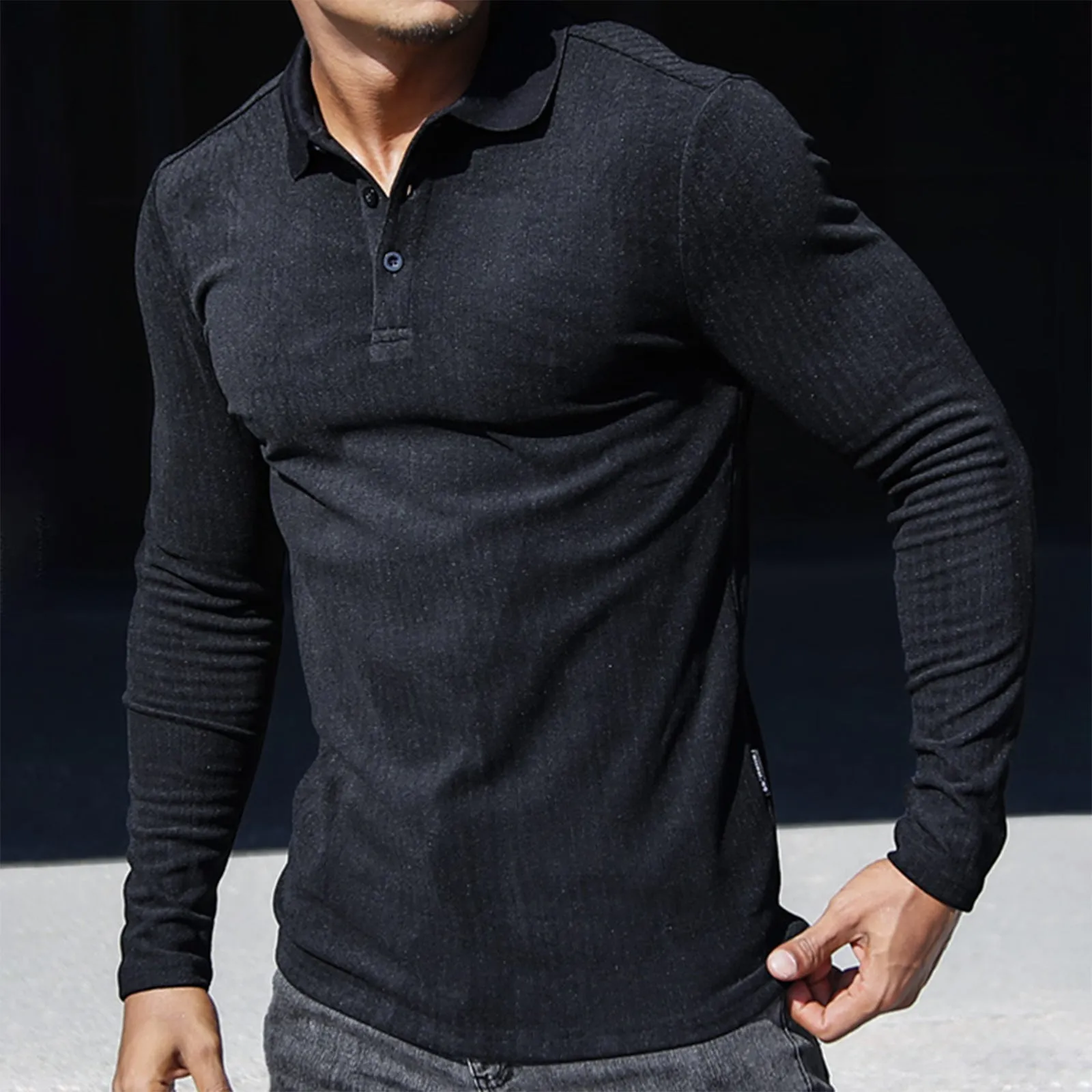 SOLID COLOR STRIPED LONG SLEEVE POLO SHIRT