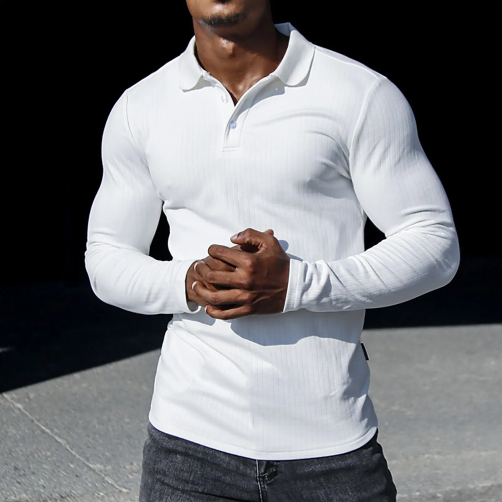 SOLID COLOR STRIPED LONG SLEEVE POLO SHIRT