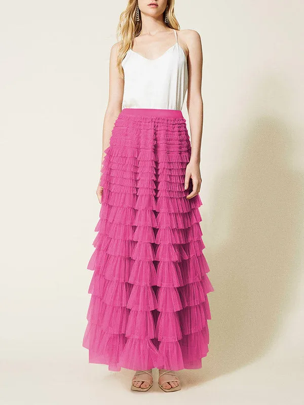 Solid Color Tulle A-Line High Waisted Skirts Bottoms