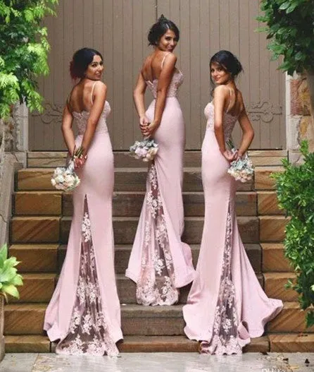 Spaghetti Straps Mermaid Pink Lace Prom Dresses, Lace Formal Dresses, Pink Bridesmaid Dresses