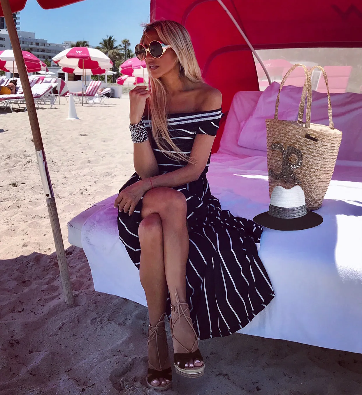 Stripe Black & White Stripe Off Shoulder Dress - The St. Barth