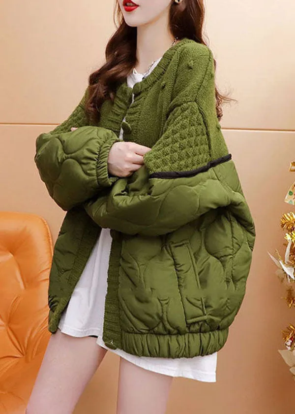 Style Green Oversized Cotton Filled Patchwork Knit Cardigan Winter