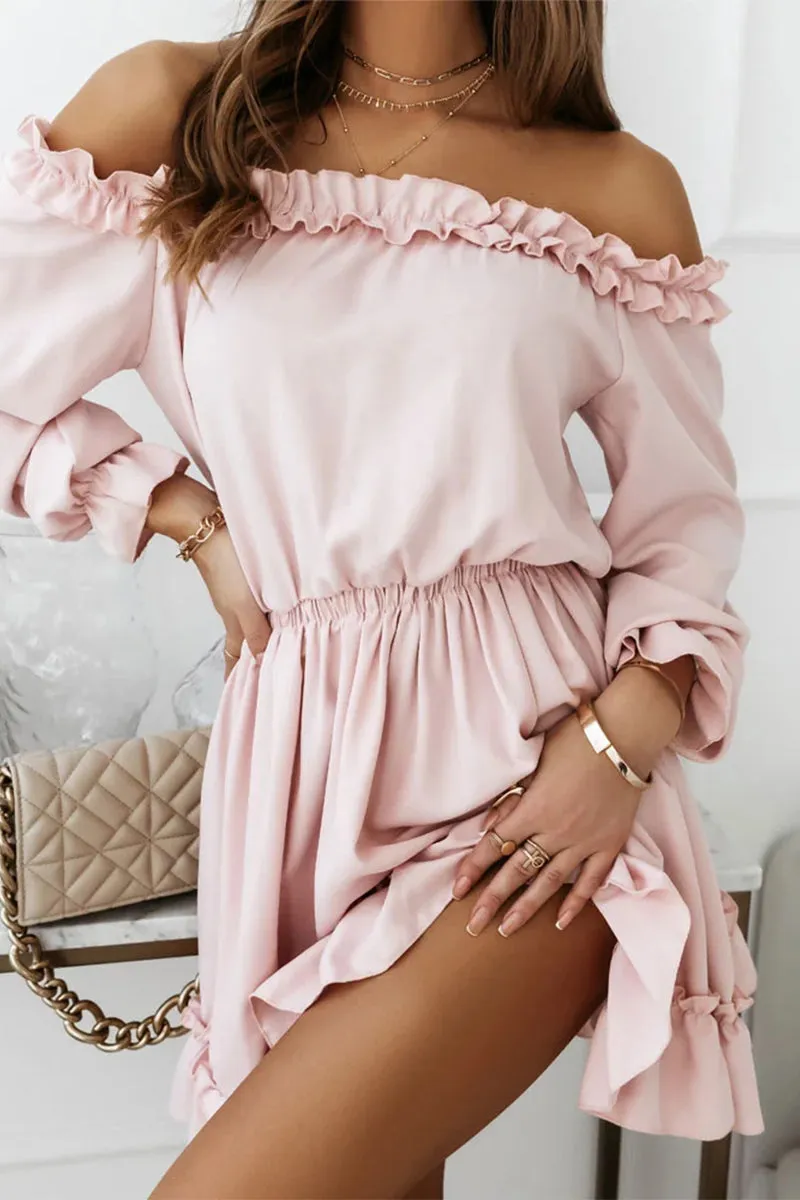 Sweet Solid Flounce Off the Shoulder Princess Dresses