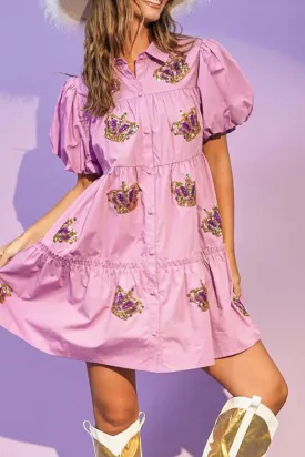 Sweet Solid Sequins Turndown Collar Shirt Dress Short Sleeve Dress