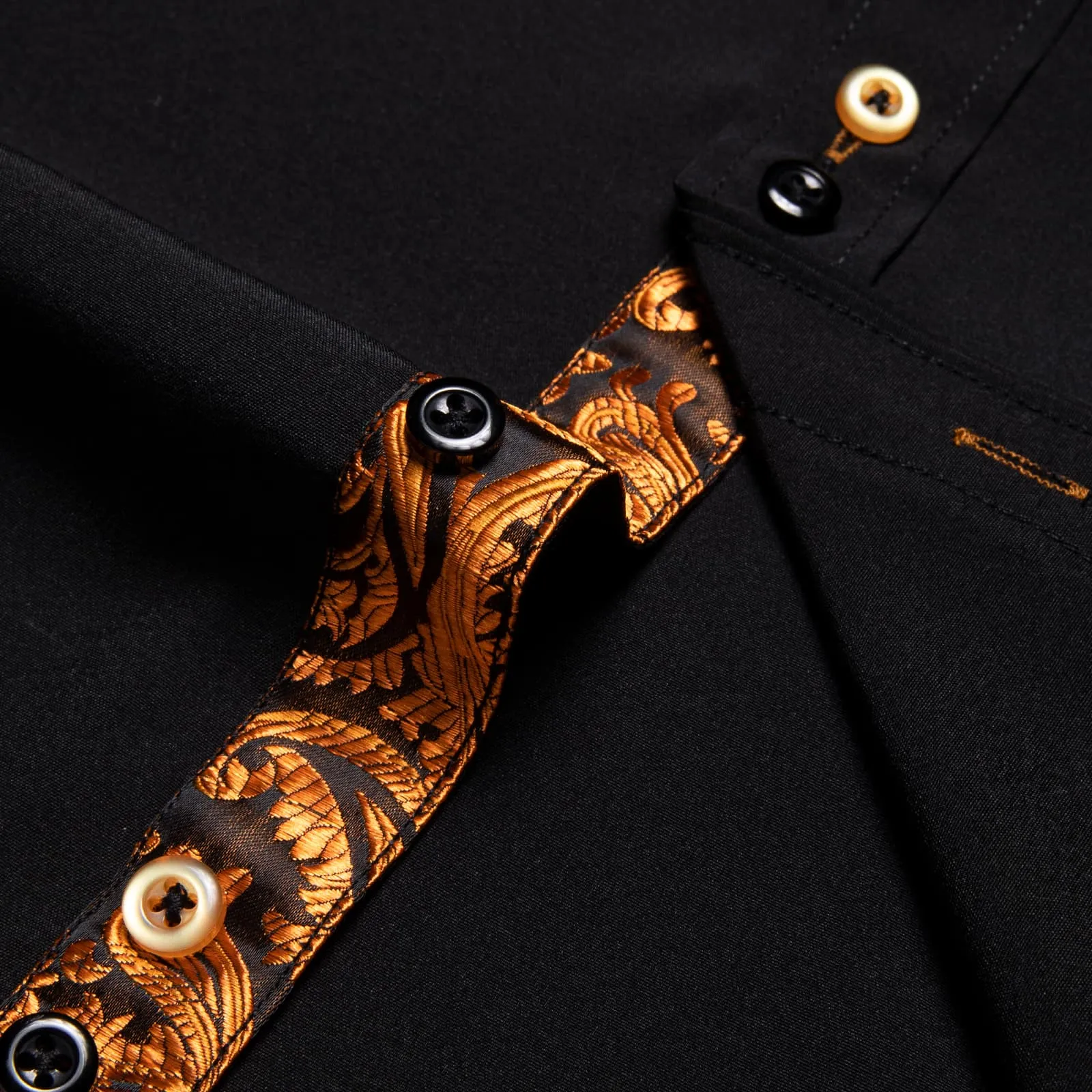 Ties2you Dress Shirt for Men Black Solid Orange Splicing Silk Long Sleeve Shirt