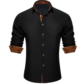 Ties2you Dress Shirt for Men Black Solid Orange Splicing Silk Long Sleeve Shirt