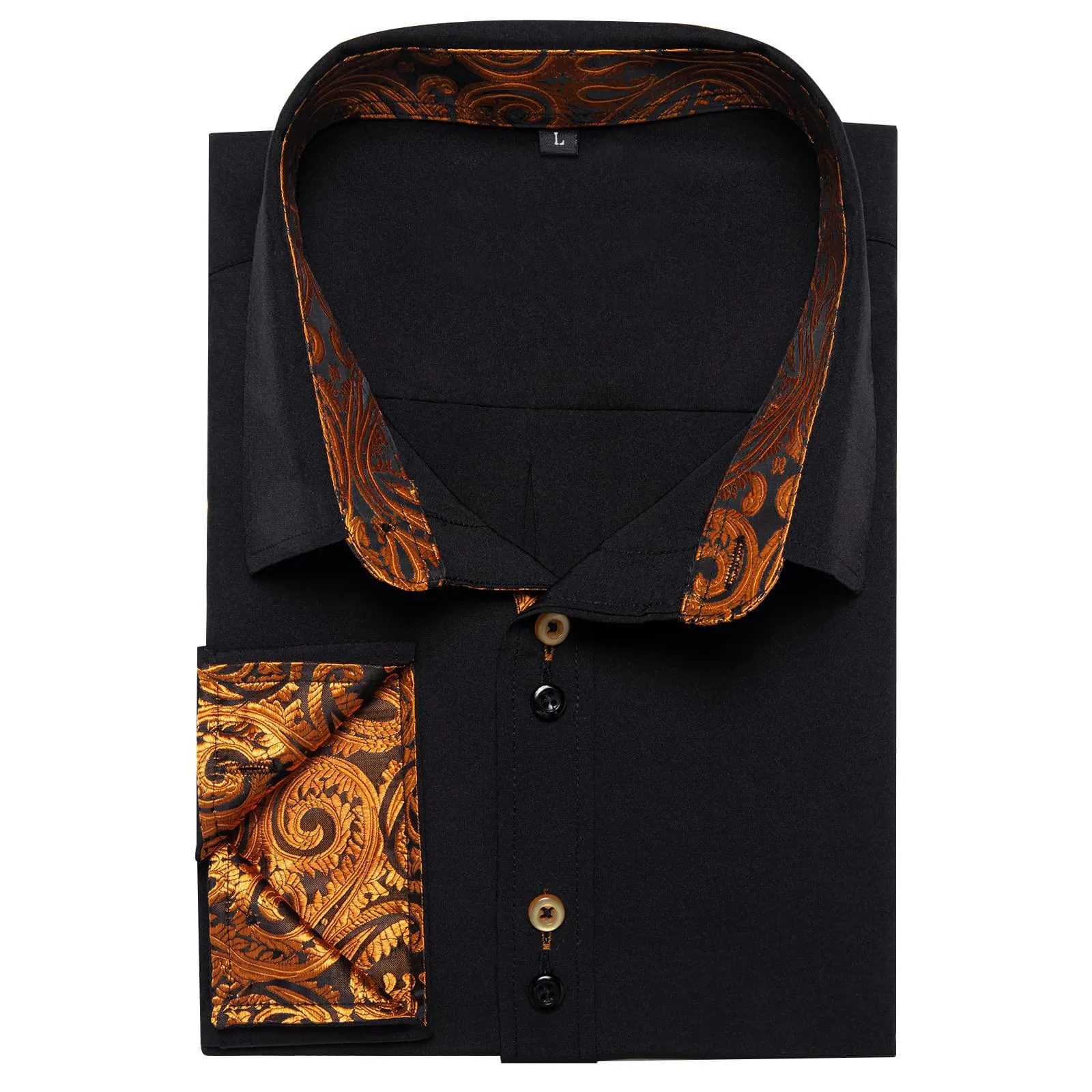 Ties2you Dress Shirt for Men Black Solid Orange Splicing Silk Long Sleeve Shirt