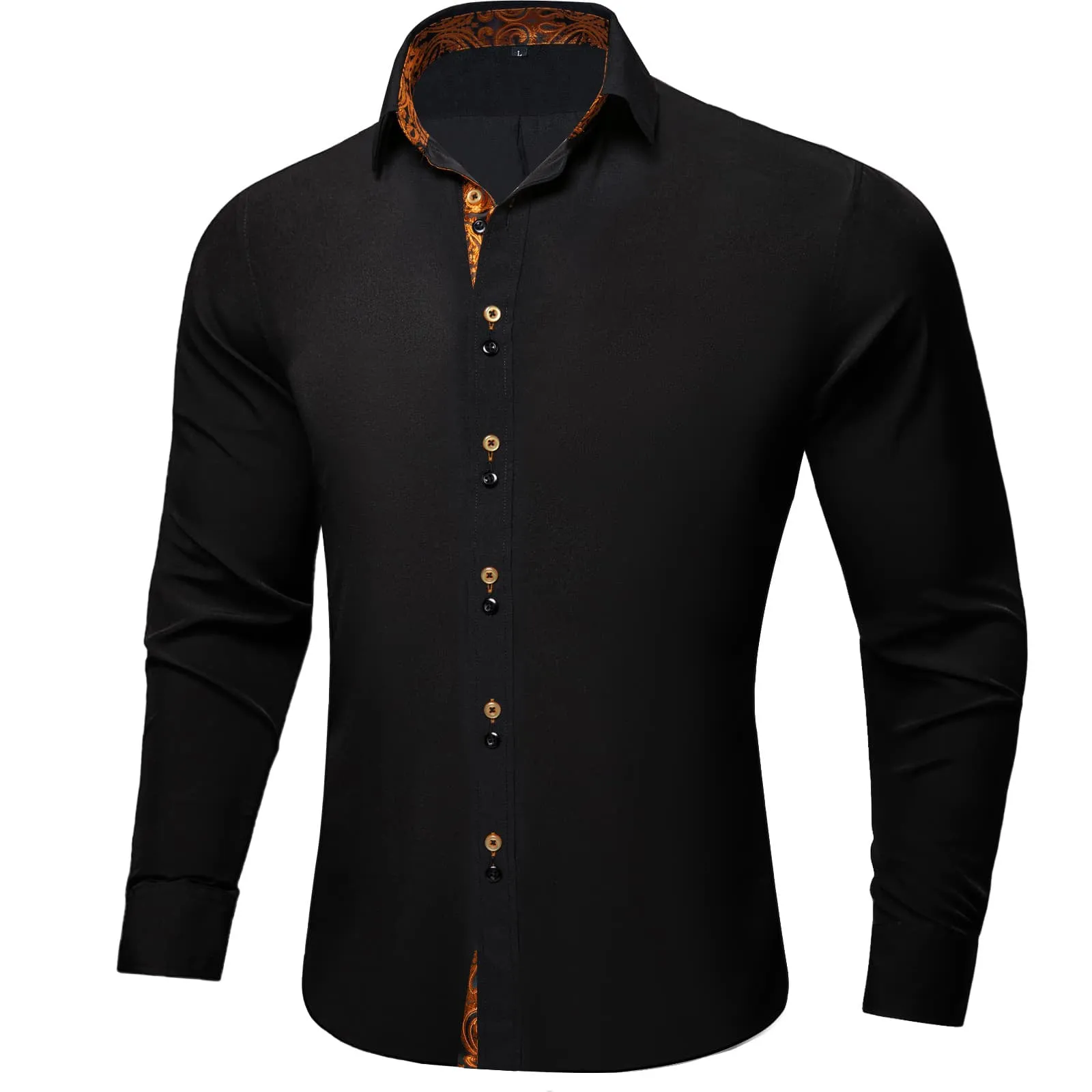 Ties2you Dress Shirt for Men Black Solid Orange Splicing Silk Long Sleeve Shirt