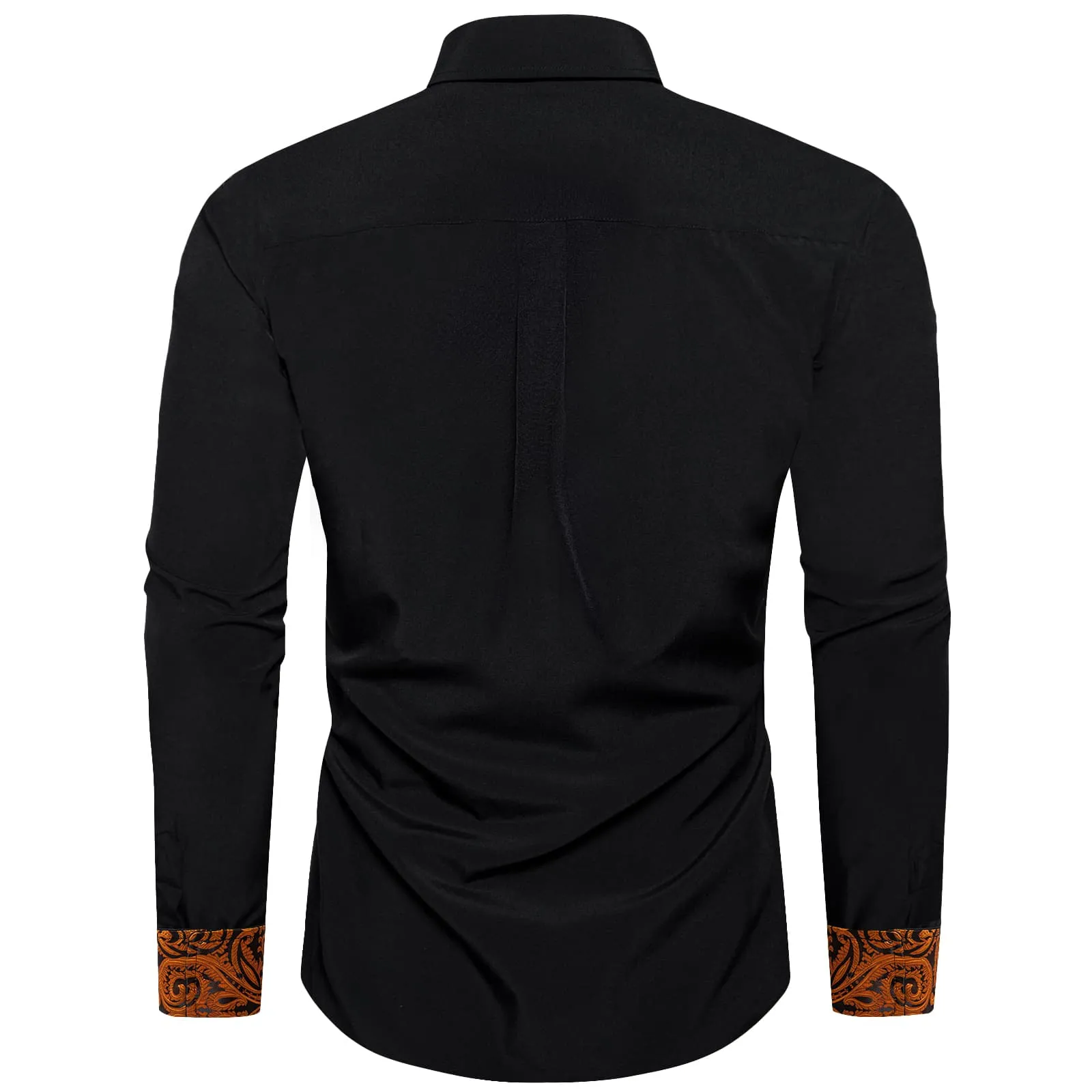 Ties2you Dress Shirt for Men Black Solid Orange Splicing Silk Long Sleeve Shirt