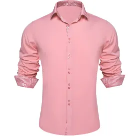 Ties2you Dress Shirt for Men Light Pink Solid Splicing Silk Button Down Shirt