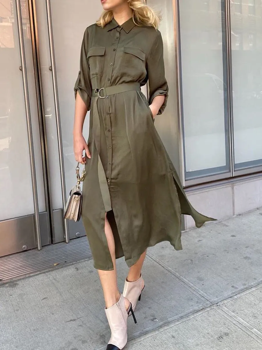 V-neck Solid Color Button Shirt Dress