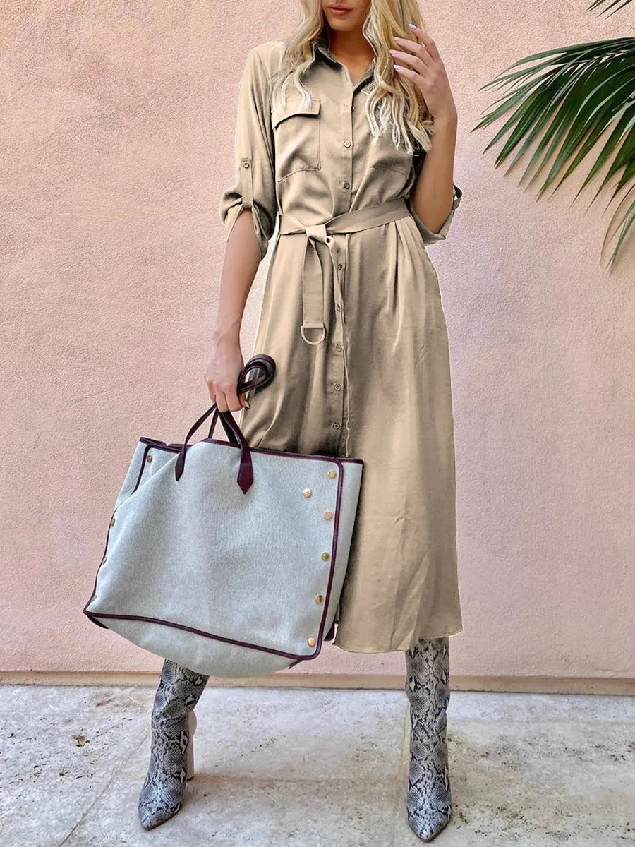 V-neck Solid Color Button Shirt Dress