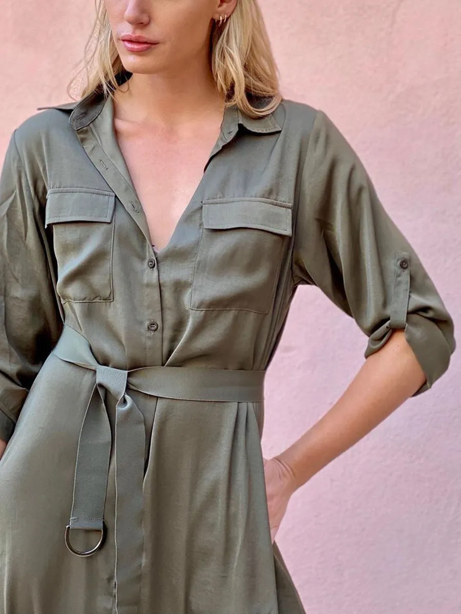 V-neck Solid Color Button Shirt Dress