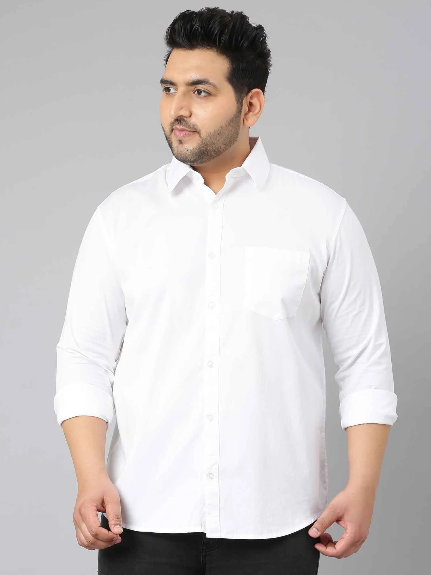 White Solid Pure Cotton Full Sleeve Shirt Men's Plus Size