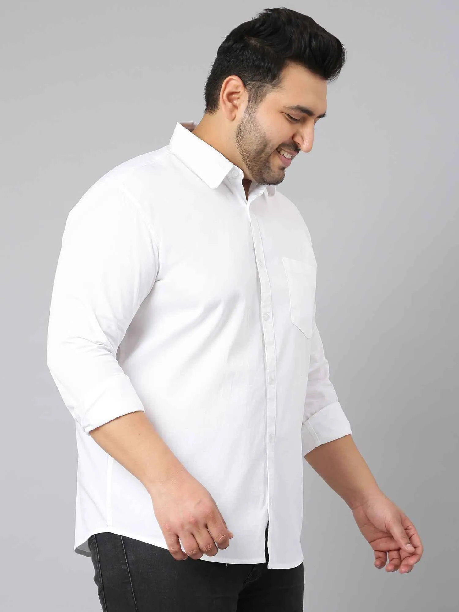 White Solid Pure Cotton Full Sleeve Shirt Men's Plus Size