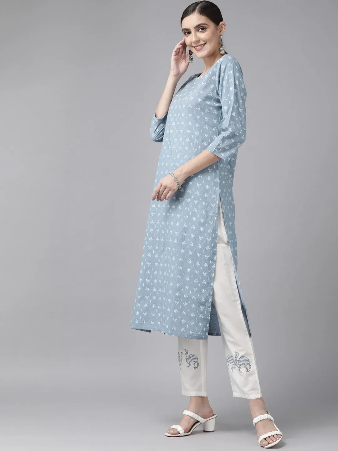 Women Blue & Off-White Block Print Kurta With Trousers