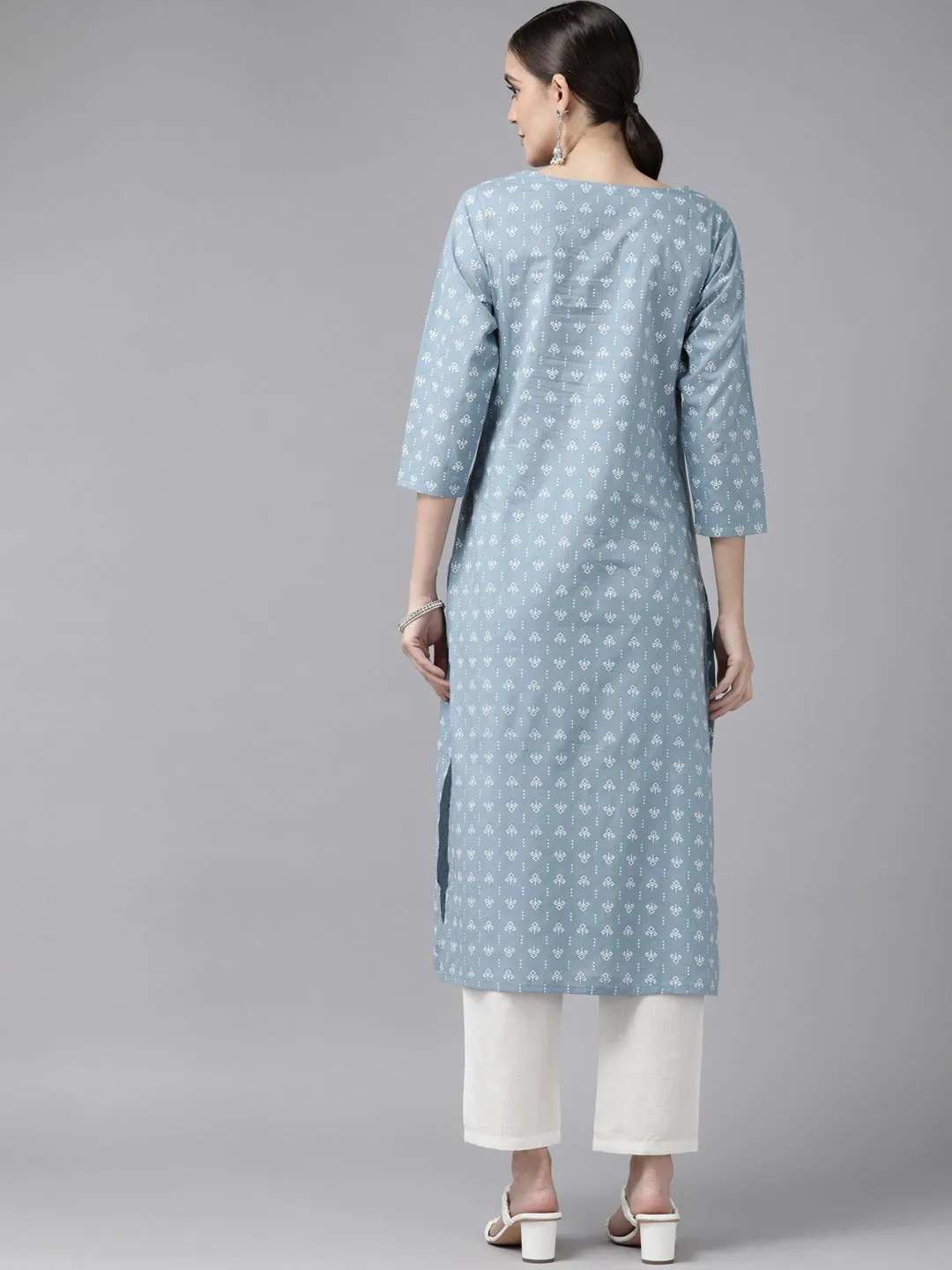 Women Blue & Off-White Block Print Kurta With Trousers