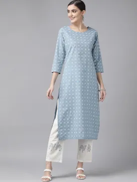 Women Blue & Off-White Block Print Kurta With Trousers