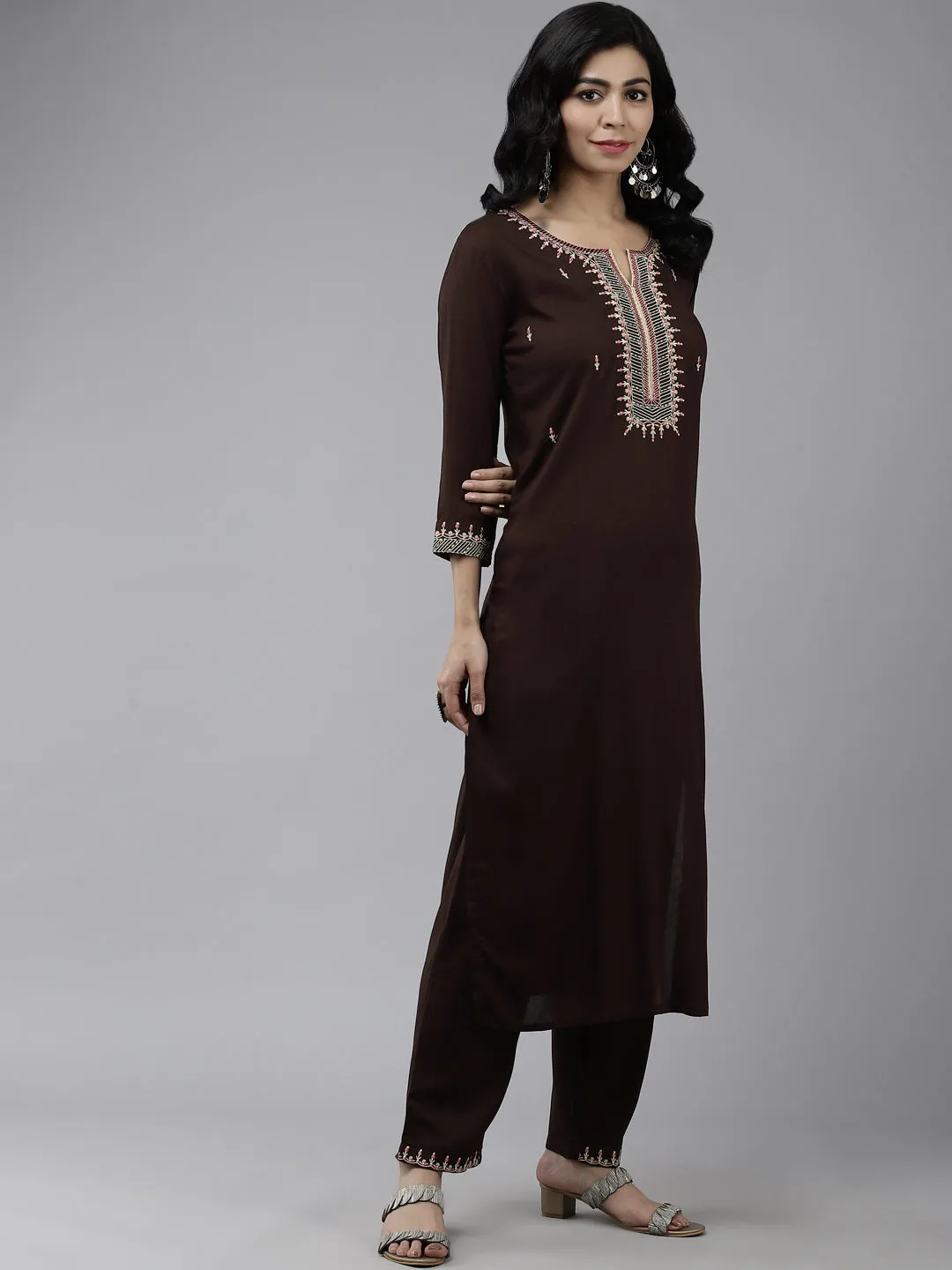 Women Coffee Brown Yoke Design Thread Work Kurta With Trousers And Dupatta Set