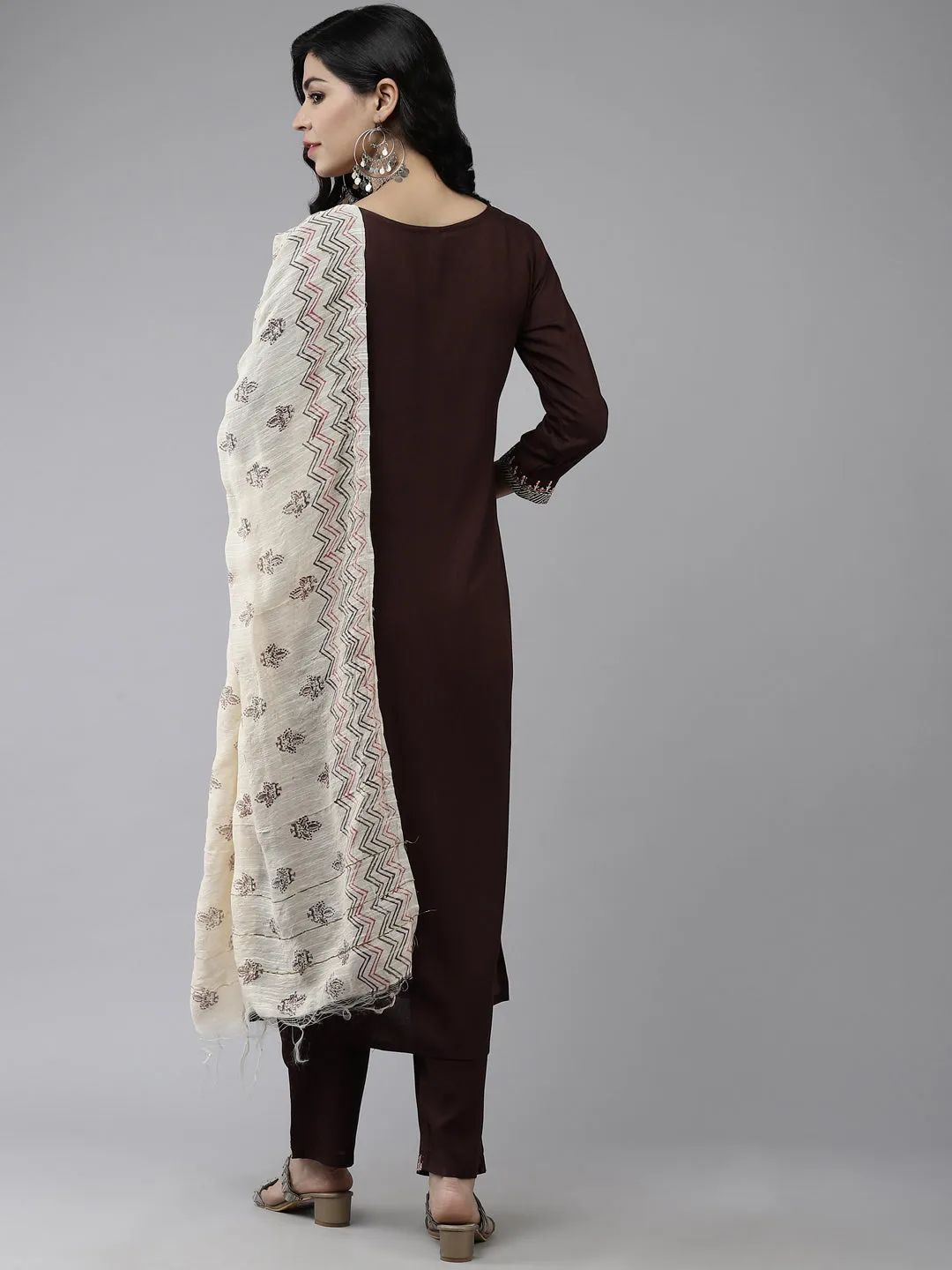 Women Coffee Brown Yoke Design Thread Work Kurta With Trousers And Dupatta Set